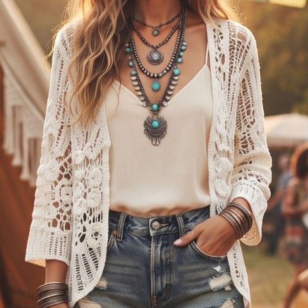 Boutique Cream 100% Cotton Crochet Open Knit Sweater Top S/M Coastal Boho